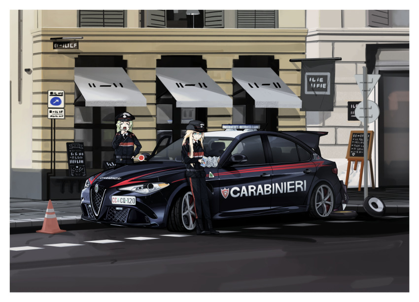 2girls, alfa_romeo, alfa_romeo_giulia_quadrifoglio, boots, car, carabinieri, fp-6_(girls'_frontline), girls'_frontline, hat, highres, italian_carabinieri, map, motor_vehicle, multiple_girls, police, police_car, police_hat, police_uniform, policewoman, road, s.a.t.8_(girls'_frontline), street, uingssi, vehicle_focus, yawning