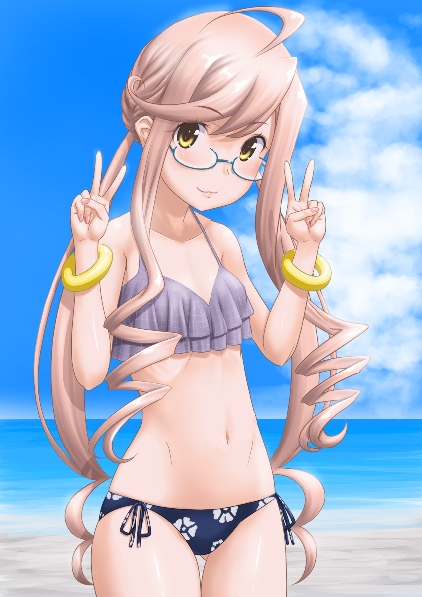 1girl, :3, ahoge, beach, bikini, blue-framed_eyewear, blue_sky, braid