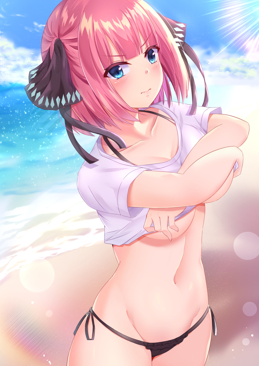 1girl, absurdres, bad_id, bad_pixiv_id, beach, bikini, black_bikini, blue_eyes, blunt_bangs, blurry, blurry_background, breasts, closed_mouth, clothes_lift, collarbone, cowboy_shot, crossed_arms, day, go-toubun_no_hanayome, groin, highres, lens_flare, lifting_own_clothes, looking_at_viewer, medium_breasts, nakano_nino, navel, ocean, outdoors, pink_hair, shirt, shirt_lift, short_hair, side-tie_bikini_bottom, solo, standing, swimsuit, underboob, undressing, v-shaped_eyebrows, white_shirt, yagiryu