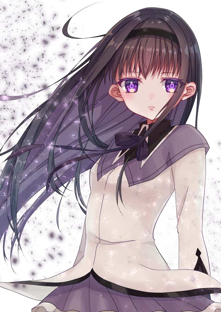 1girl, absurdres, akemi_homura, akemi_homura_(magical_girl), black_hairband, brown_hair, closed_mouth, dress_shirt
