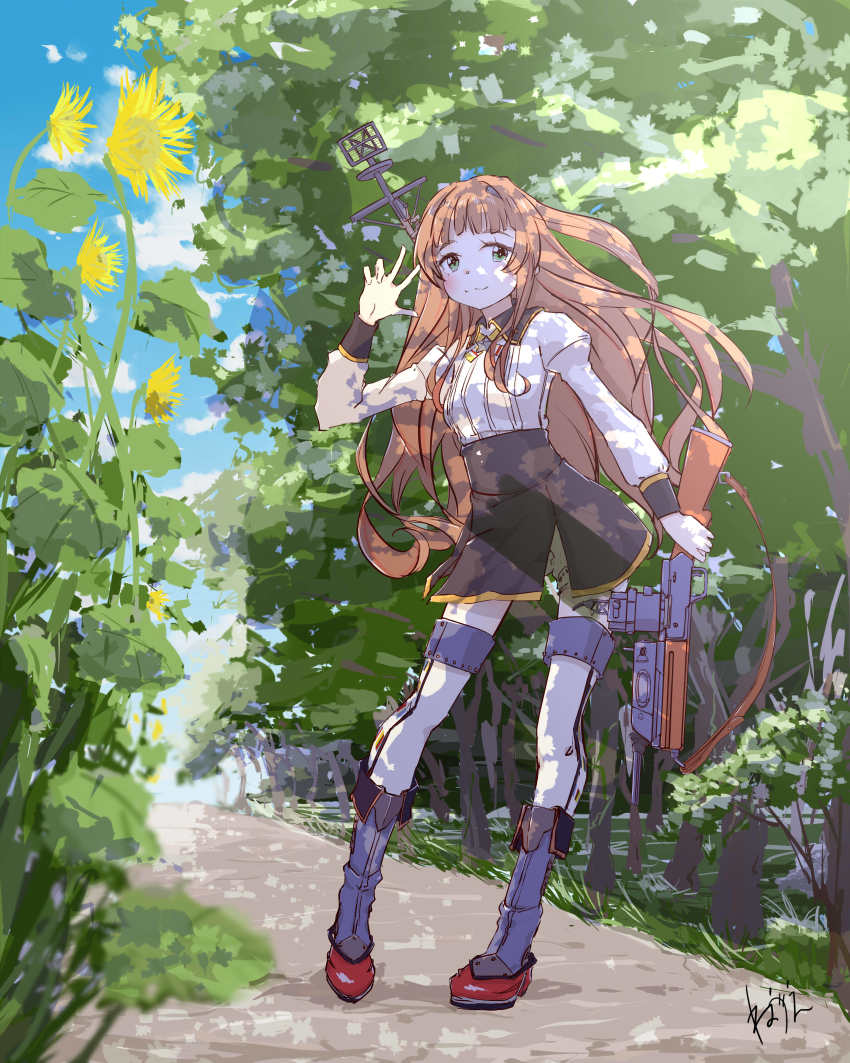 1girl, absurdres, black_skirt, blue_sky, brown_hair, browning_auto_5, cloud, dappled_sunlight