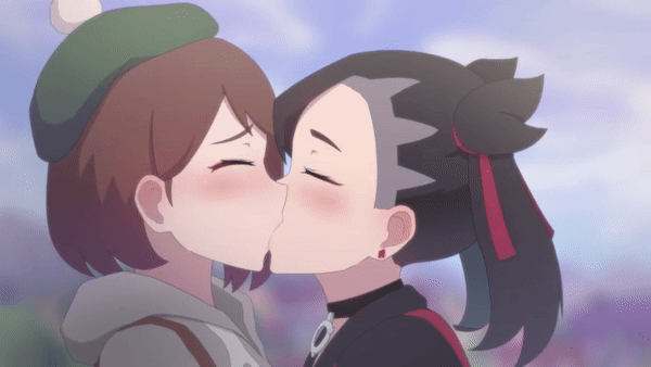 2girls, animated, animated_gif, aqua_eyes, asymmetrical_bangs, black_choker, black_hair, blush, brown_eyes, brown_hair, choker, closed_eyes, earrings, french_kiss, from_side, gloria_(pokemon), green_headwear, hair_ribbon, hat, hood, hood_down, jewelry, kamuo, kiss, looping_animation, marnie_(pokemon), multiple_girls, nintendo, pokemon, pokemon_sword_and_shield, red_ribbon, ribbon, short_hair, stud_earrings, tam_o'_shanter, third-party_edit, twintails, upper_body, yuri