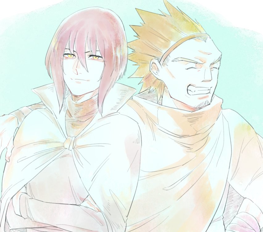 2boys, brothers, cloak, crossed_arms, closed_eyes, gannen_harst, hairband, hood