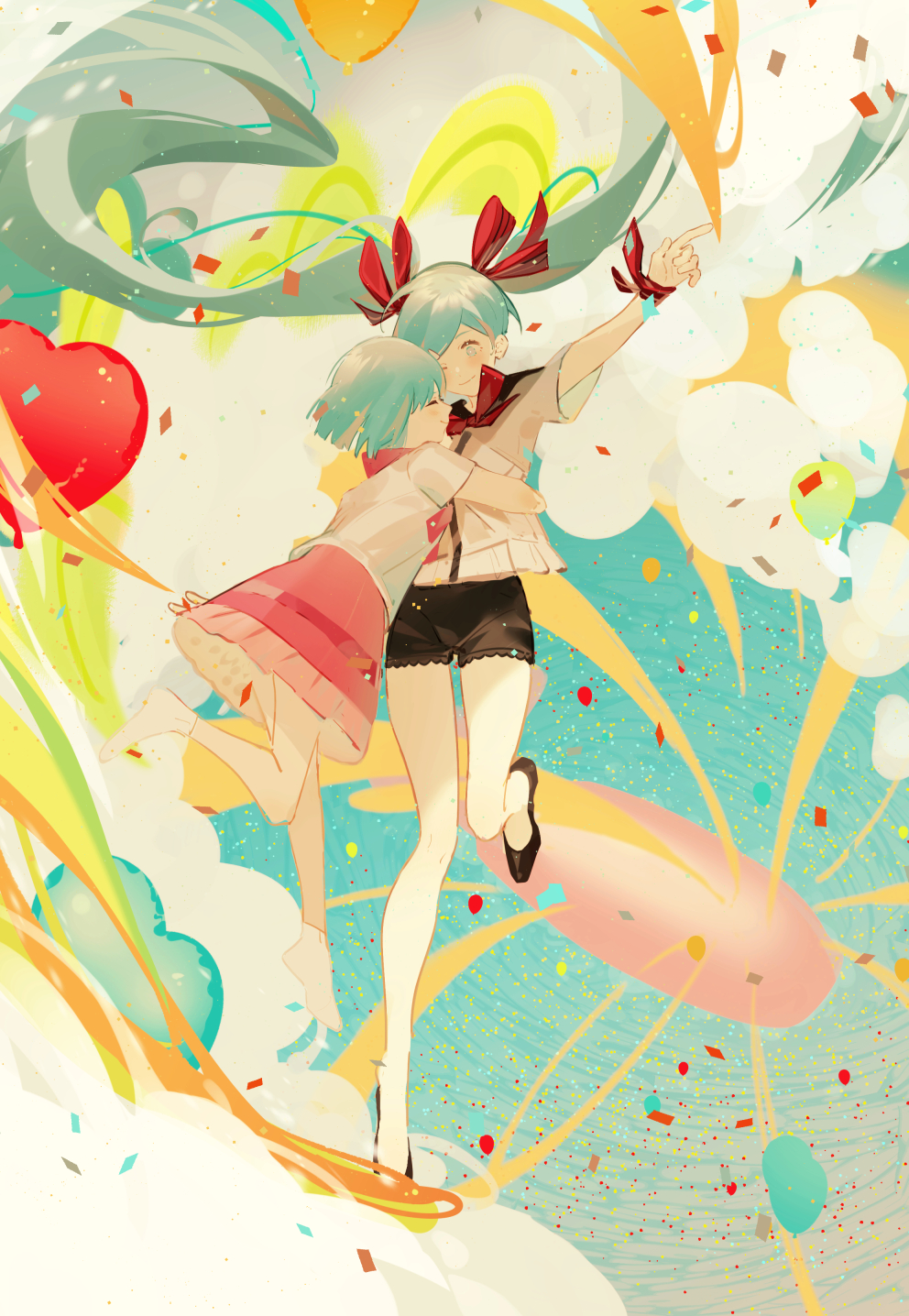 2girls, ^_^, age_difference, balloon, bare_legs, black_footwear, black_shorts, blue_eyes