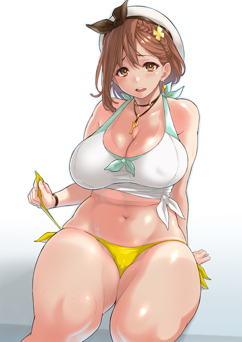 1girl, arm_support, atelier_(series), atelier_ryza, bare_shoulders, bikini, bikini_pull, blush, braid, breasts, brown_eyes, brown_hair, cleavage, clothes_pull, covered_erect_nipples, curvy, earrings, hair_ornament, hairclip, hat, highres, jewelry, kemigawa_mondo, large_breasts, looking_at_viewer, navel, necklace, open_mouth, plump, reisalin_stout, side-tie_bikini_bottom, sitting, smile, solo, sweat, swimsuit, tan, tanline, thick_thighs, thighs, untying, yellow_bikini