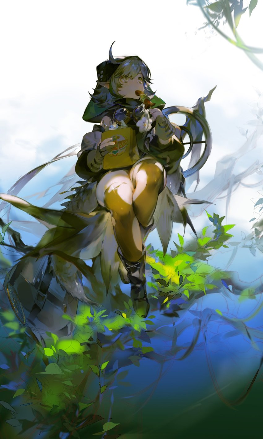 1girl, ahoge, arknights, bag, bare_shoulders, black_boots, boots, commentary