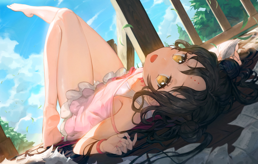 1girl, :d, bare_arms, bare_legs, bare_shoulders, barefoot, black_hair, blue_sky, blush, bra_strap, cloud, collarbone, day, dress, dutch_angle, ecien, facial_mark, fate/grand_order, fate_(series), forehead_mark, from_behind, indoors, knee_up, leg_up, long_hair, looking_at_viewer, looking_back, lying, multicolored_hair, on_back, on_floor, open_mouth, paper, parted_bangs, pink_dress, purple_hair, sessyoin_kiara, sessyoin_kiara_(lily), sky, sleeveless, sleeveless_dress, smile, soles, solo, strap_slip, sunlight, thigh_gap, two-tone_hair, very_long_hair, wooden_floor, wristband, yellow_eyes