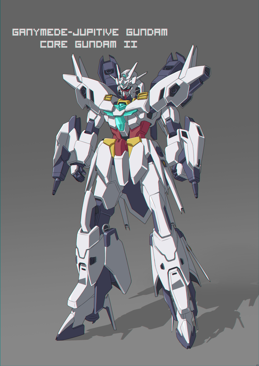 absurdres, aqua_eyes, character_name, chinese_commentary, clenched_hands, clotho_matcha, commentary, english_commentary, grey_background, gundam, gundam_build_divers, gundam_build_divers_re:rise, gunpla, highres, jupitive_gundam, looking_down, mecha, mixed-language_commentary, model_kit, no_humans, redesign, robot, solo, standing, v-fin