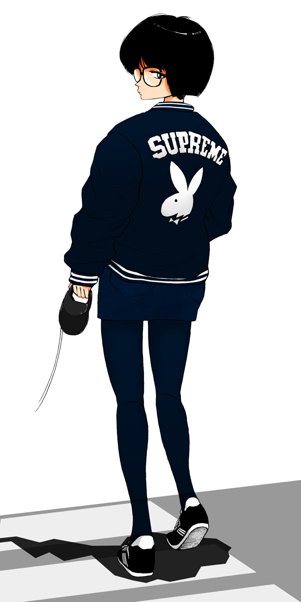 1girl, adidas, black_hair, bob_cut, from_behind, glasses, highres, k1y054