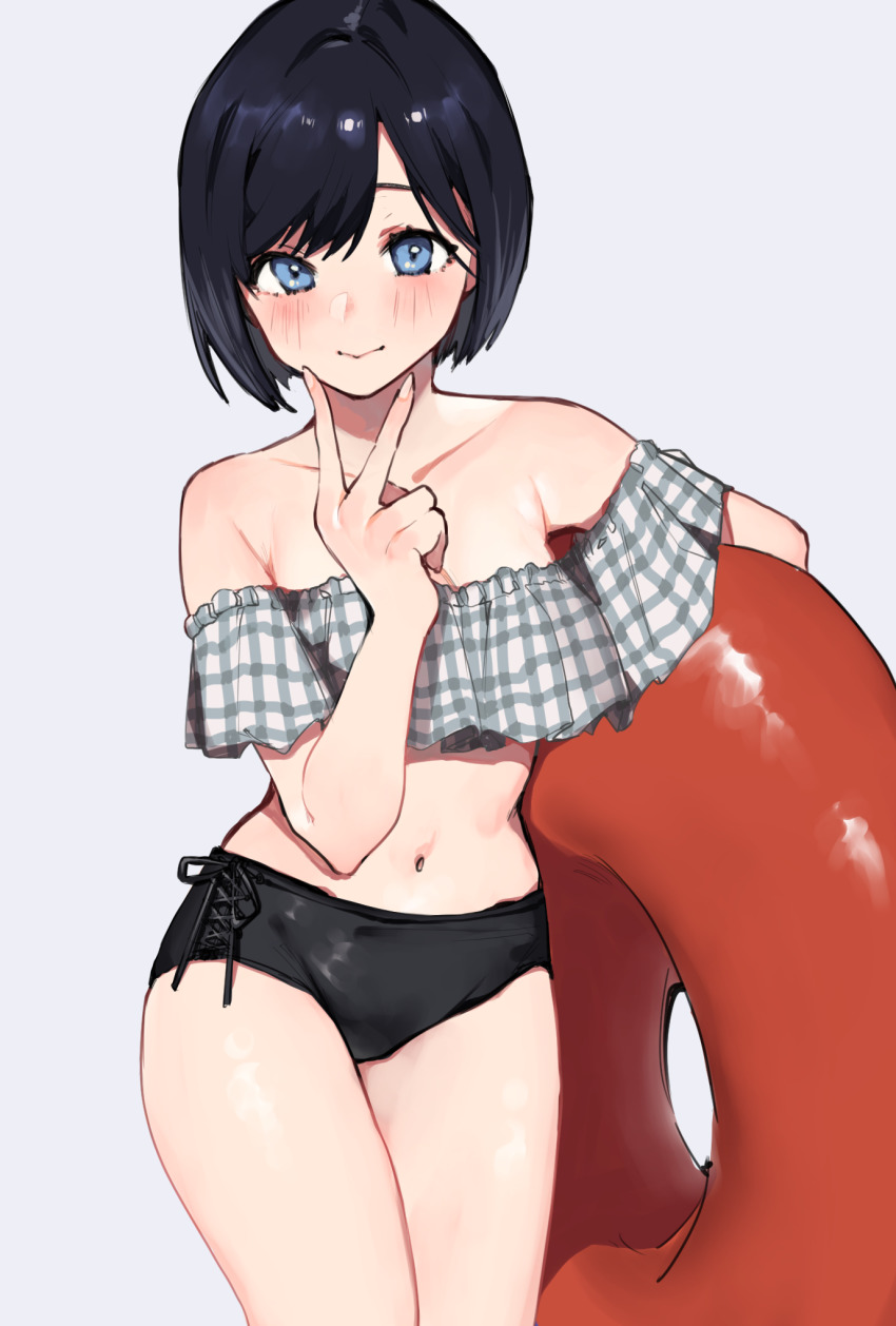 1girl, armpit_crease, bare_legs, bare_shoulders, bikini, black_bikini, black_hair, blue_eyes, blush, bob_cut, breasts, checkered_bikini, checkered_clothes, cleavage, closed_mouth, collarbone, commentary_request, cowboy_shot, cross-laced_bikini, cross-laced_bikini_bottom, cross-laced_clothes, eyelashes, fingernails, frilled_bikini, frills, grey_background, hand_up, highres, holding, holding_swim_ring, innertube, legs_together, looking_at_viewer, medium_breasts, midriff, navel, off-shoulder_bikini, off_shoulder, original, parted_bangs, plaid_clothes, plaid_shirt, shirt, short_hair, simple_background, smile, solo, standing, stomach, swim_ring, swimsuit, uni_(melm), v
