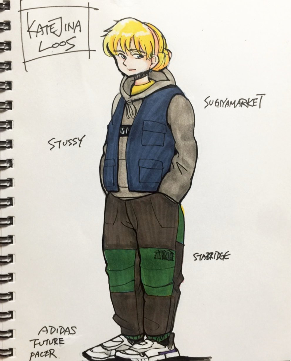 1girl, adidas, alternate_costume, baggy_pants, blonde_hair, character_name, gundam, highres