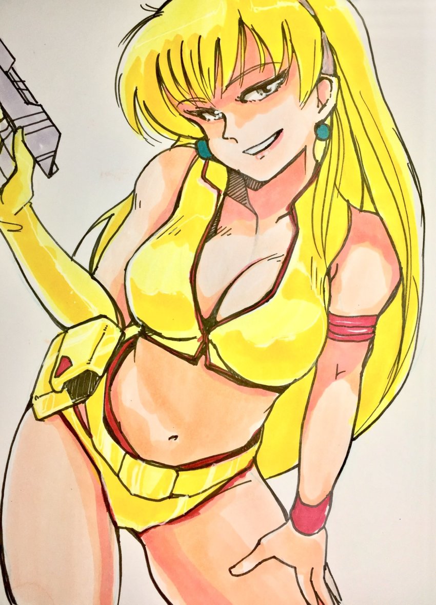 1girl, blonde_hair, breasts, cleavage, cosplay, crossover, dirty_pair, gun, gundam, hand_on_own_thigh, highres, holding, holding_gun, holding_weapon, k1y054, katejina_loos, looking_to_the_side, marker_(medium), midriff, navel, solo, traditional_media, victory_gundam, weapon, white_background, yellow_eyes, yuri_(dirty_pair), yuri_(dirty_pair)_(cosplay)