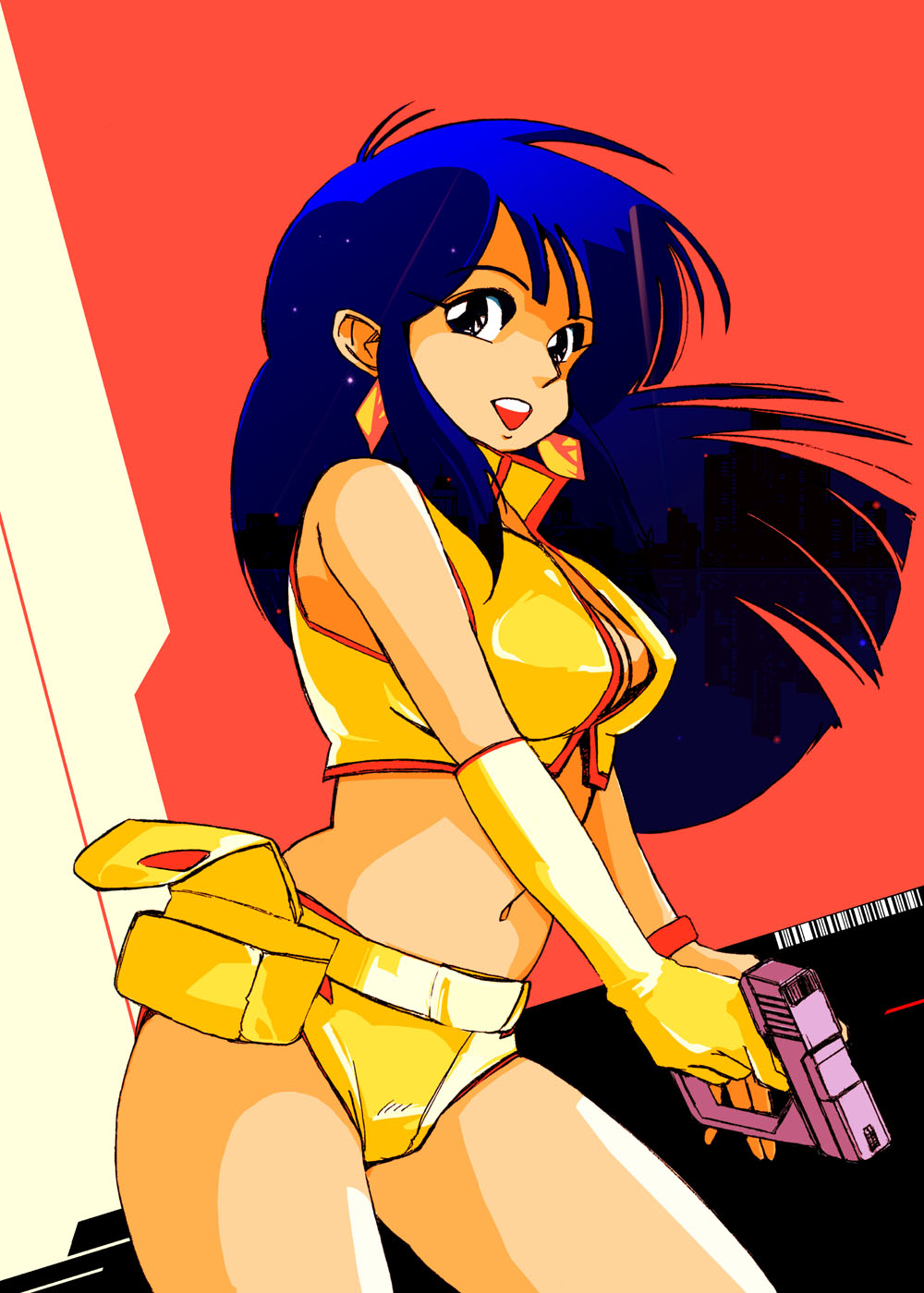1girl, black_eyes, blue_hair, breasts, cleavage, crop_top, dirty_pair, gun, highres, holding, holding_gun, holding_weapon, k1y054, looking_at_viewer, midriff, navel, retro_artstyle, solo, weapon, yuri_(dirty_pair)
