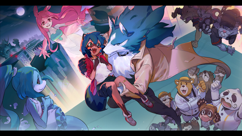 3girls, 6+boys, absurdres, animal_ears, arms_up, bandaged_arm, bandages, bandaid