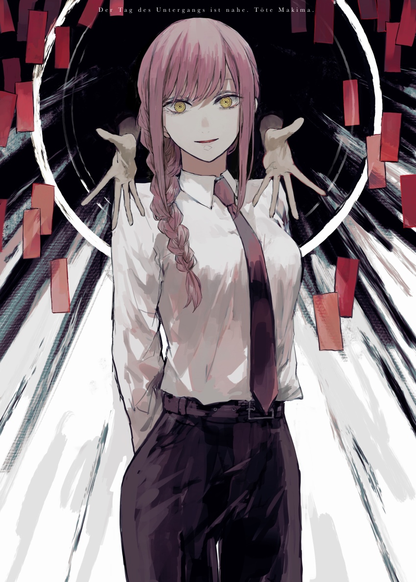 1girl, absurdres, aion_kiu, arms_behind_back, black_necktie, black_pants, braid, braided_ponytail, breasts, chainsaw_man, collared_shirt, highres, long_sleeves, makima_(chainsaw_man), medium_breasts, medium_hair, necktie, neckwear_request, pants, ringed_eyes, shirt, shirt_tucked_in, solo, translated, user_duhf5422, white_shirt, yellow_eyes