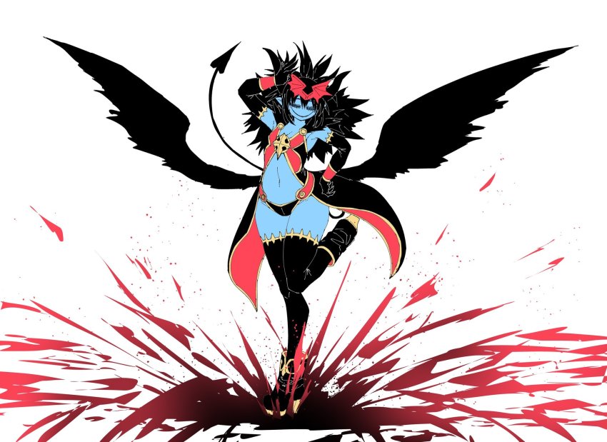 1girl, =_=, black_boots, black_gloves, black_hair, black_horns, black_thighhighs, black_wings