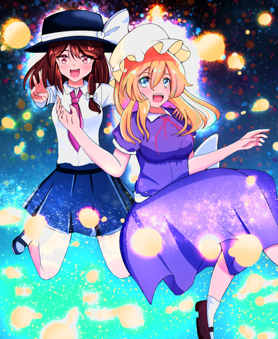 0sk6tr473851p9w, 2girls, black_skirt, blonde_hair, brown_hair, dress, hat, maribel_hearn