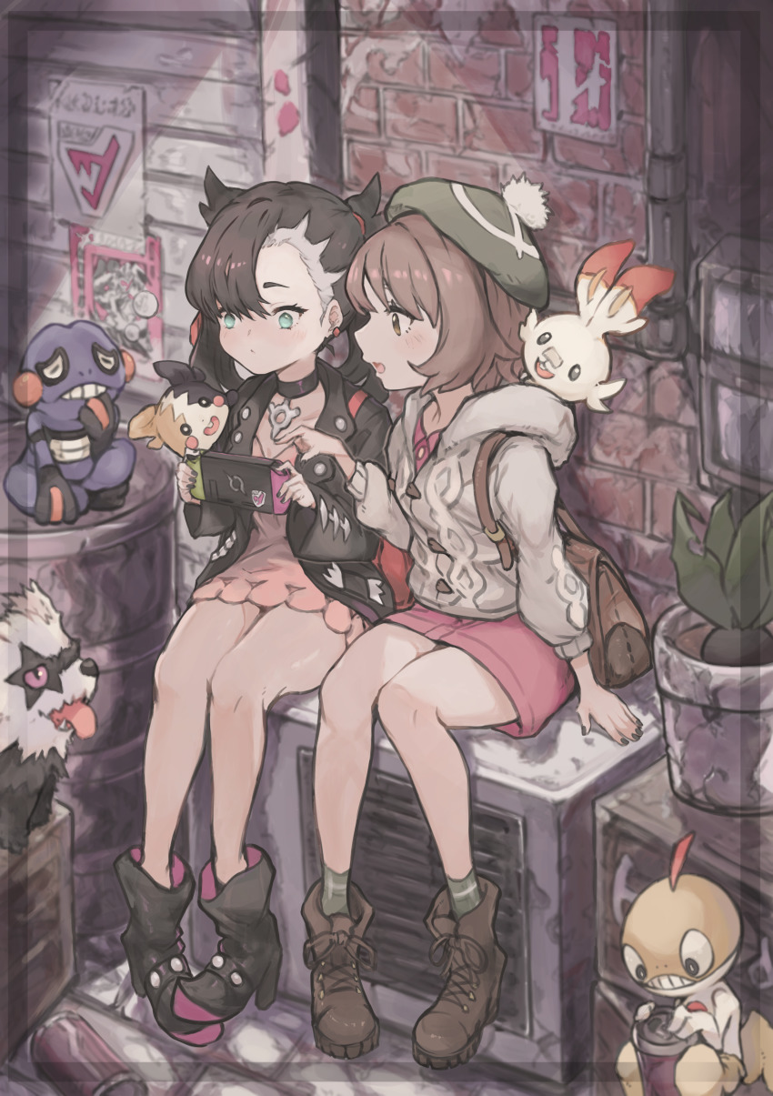 absurdres, asymmetrical_bangs, bag, black_hair, bob_cut, brown_hair, flower_pot, galarian_form