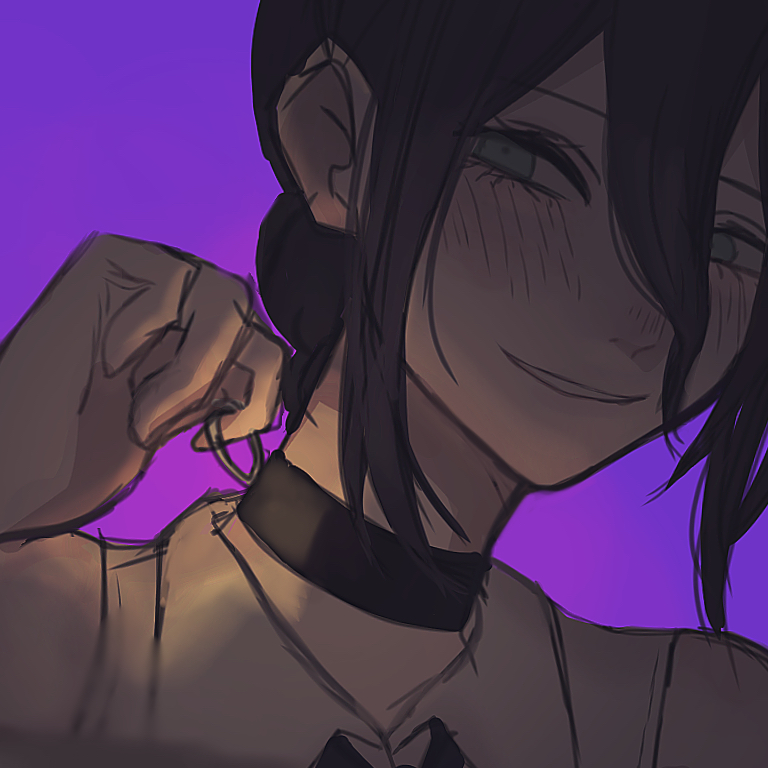 1girl, akai_ringo_(eveyuno), bare_shoulders, black_choker, black_hair, black_ribbon, blush, chainsaw_man