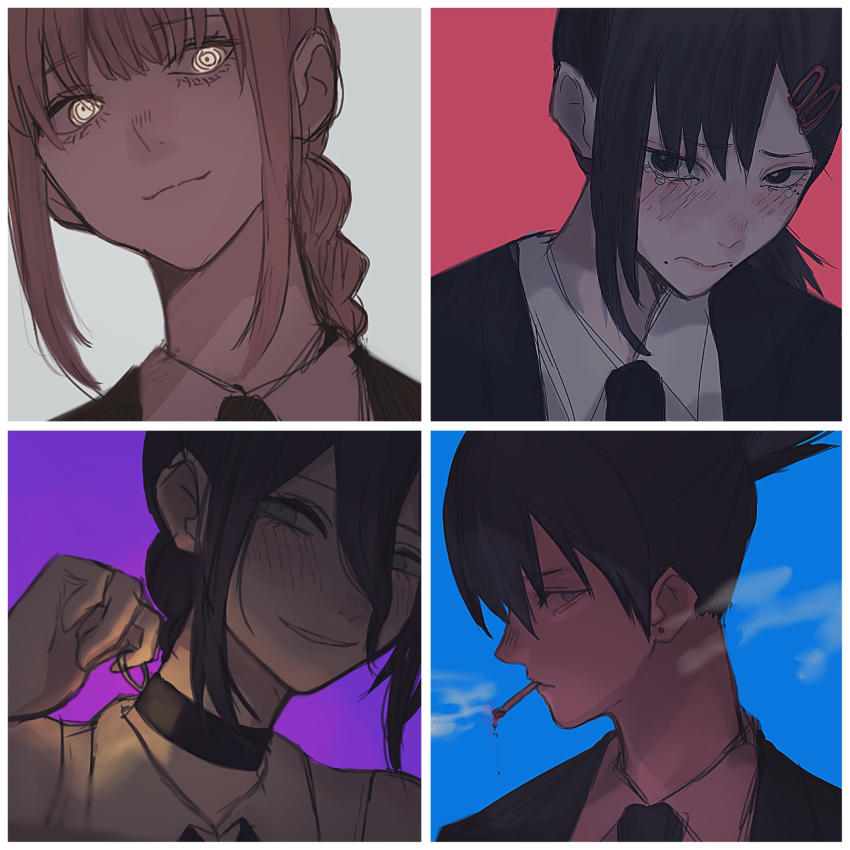 1boy, 3girls, akai_ringo_(eveyuno), black_choker, black_hair, black_jacket, black_necktie, blue_background