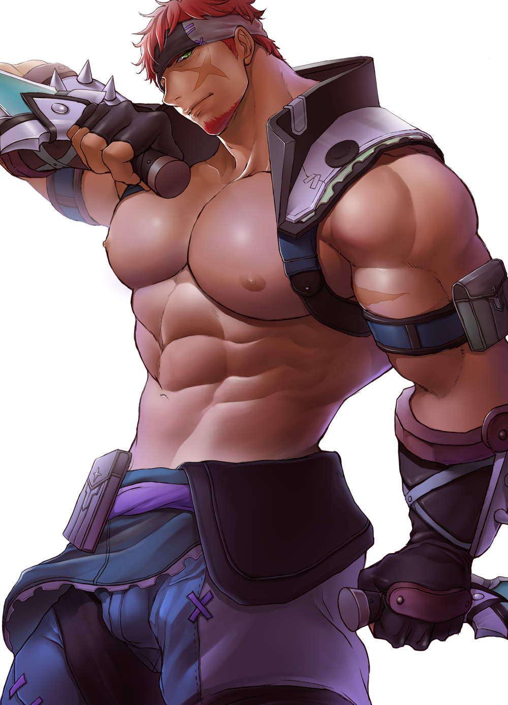 1boy, abs, bara, blush, chillasan, cowboy_shot, facial_hair, green_eyes, gyee, headband, highres, large_pectorals, looking_at_viewer, male_focus, manly, muscular, musso_(gyee), nipples, pectorals, red_hair, scar, scar_on_face, solo, standing, thighs, topless_male, upper_body