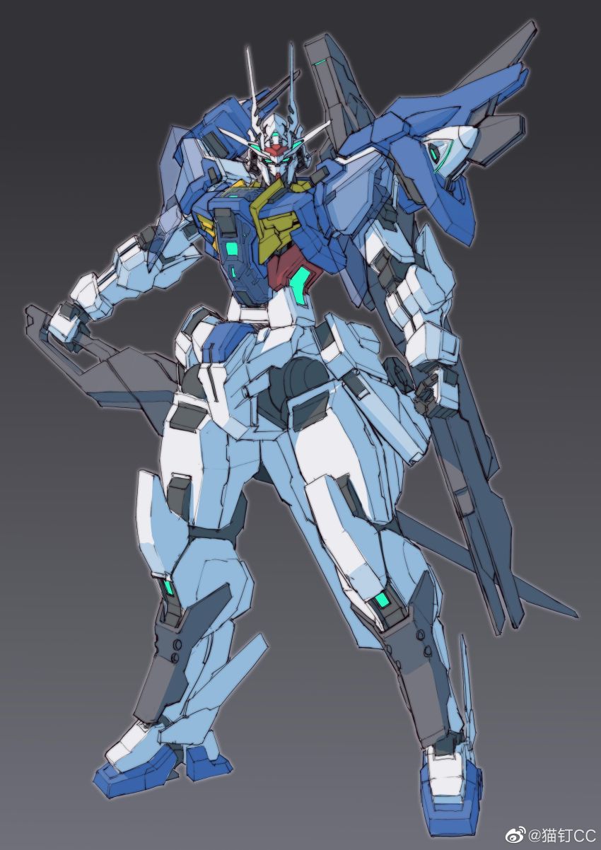 absurdres, blue_eyes, clenched_hands, gn_drive, grey_background, gundam, gundam_00_sky, gundam_build_divers
