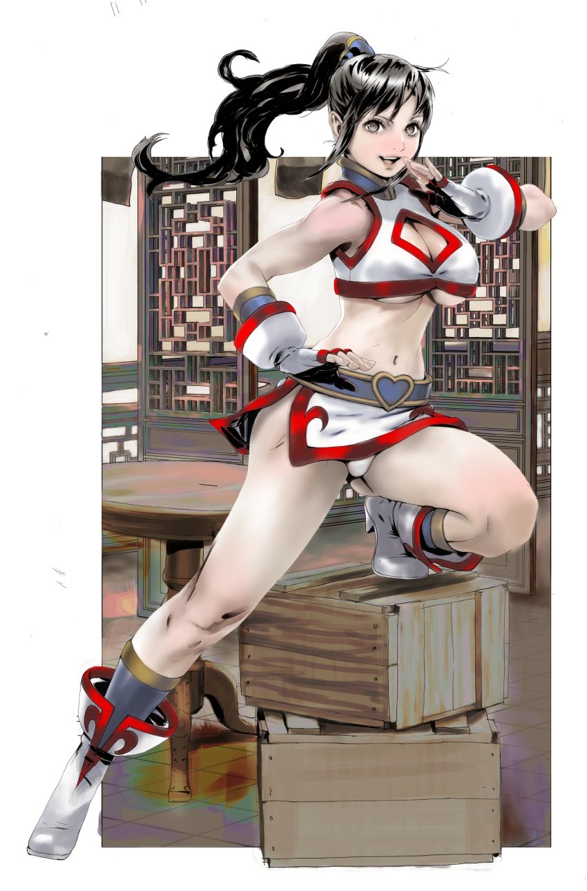 1girl, absurdres, ankle_boots, bare_shoulders, belt, black_eyes, black_hair, boots, breasts, cleavage, cleavage_cutout, clothing_cutout, commentary_request, crop_top, fighting_stance, fingerless_gloves, gloves, hair_ornament, highres, hiryuu_no_ken, lips, long_hair, looking_at_viewer, medium_breasts, midriff, min_min_(hiryuu_no_ken), miniskirt, navel, open_mouth, panties, ponytail, simple_background, skirt, sleeveless, smile, solo, stomach, table, underwear, white_boots, white_panties, white_skirt, wooden_box, yasuda_akira