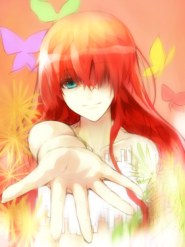 1girl, aqua_eyes, bad_id, bad_pixiv_id, bug, butterfly, female_focus, foreshortening