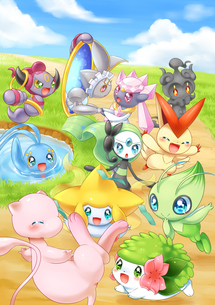 :d, :o, ^_^, aimi_(aimia492), blue_sky, blush, blush_stickers, celebi