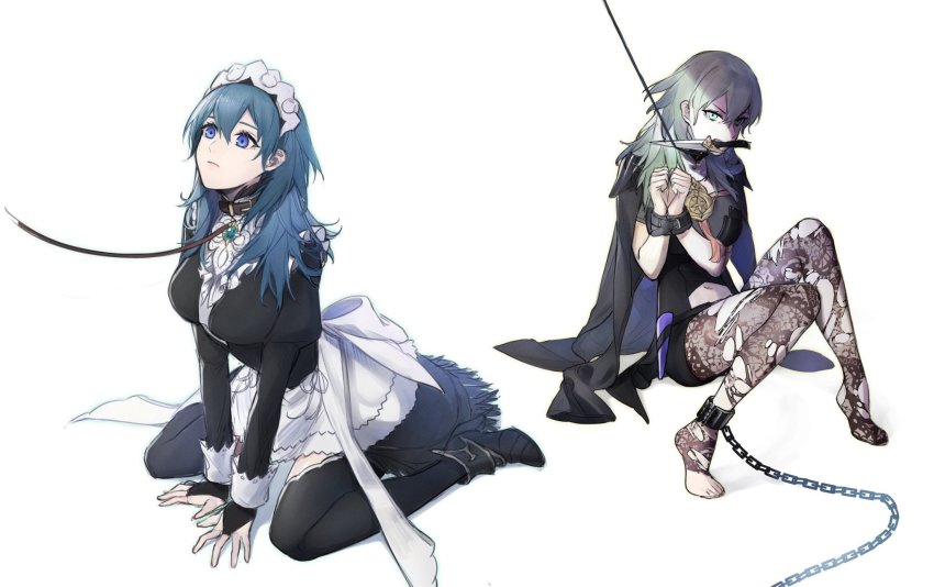 1girl, blue_eyes, blue_hair, bridal_gauntlets, female_byleth_(awakened)_(fire_emblem), female_byleth_(fire_emblem), chain, chained, closed_mouth, clothing_cutout, clovisxvii, collar, cuffs, dagger, fire_emblem, fire_emblem:_three_houses, green_eyes, green_hair, high_heels, highres, juliet_sleeves, knife, leash, long_sleeves, maid, maid_headdress, multiple_views, navel_cutout, nintendo, pantyhose, puffy_sleeves, simple_background, sitting, torn_clothes, torn_legwear, weapon, white_background