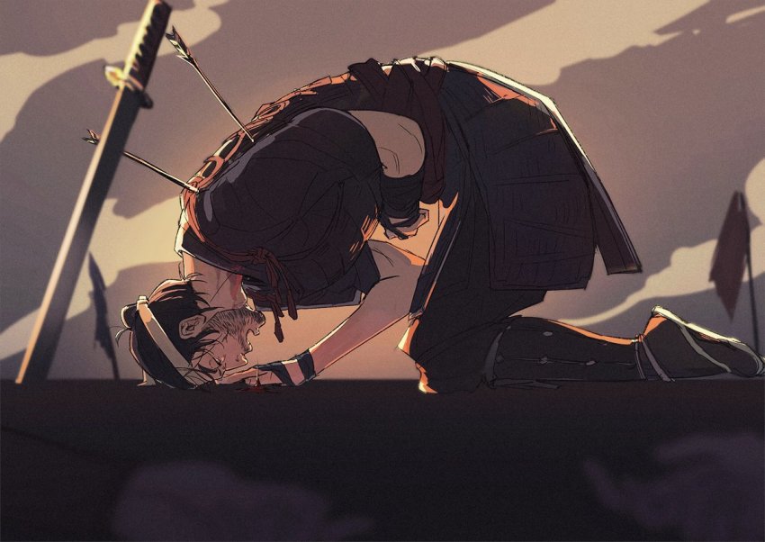 1boy, armor, arrow_(projectile), arrow_in_body, banner, black_hair, black_pants, black_shirt