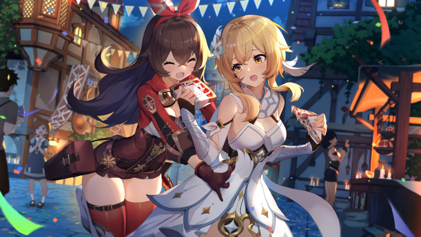 1boy, 4girls, amber_(genshin_impact), blonde_hair, blurry, blurry_background, blush, bread, breasts, brown_gloves, brown_hair, brown_shorts, building, cleavage, cleavage_cutout, closed_eyes, clothing_cutout, crossed_bangs, detached_sleeves, dress, fisherman's_toast_(genshin_impact), flower, food, genshin_impact, gloves, goggles, goggles_around_neck, hair_flower, hair_ornament, hairband, highres, long_hair, looking_at_another, lumine_(genshin_impact), medium_breasts, multiple_girls, night, onion, open_mouth, outdoors, pizza, pizza_slice, pyro_(genshin_impact), raijuu_(bakanara), red_legwear, red_ribbon, ribbon, short_hair_with_long_locks, shorts, thighhighs, vision_(genshin_impact), white_dress, yellow_eyes