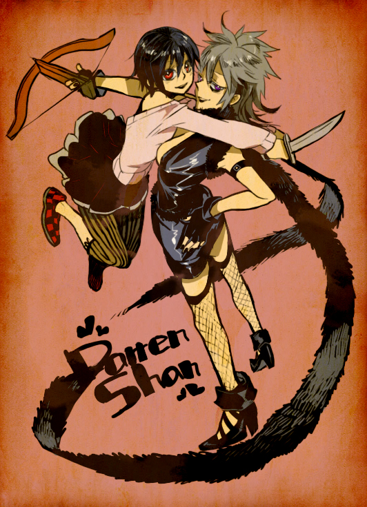 2girls, black_hair, boots, bow_(weapon), crossbow, darren_shan, dress, fishnets