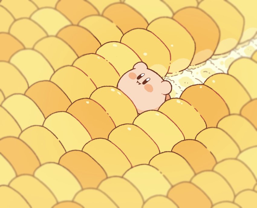 black_eyes, blush_stickers, corn, corn_cob, eating, food, food_focus, full_mouth, harukui, highres, kirby, kirby_(series), nintendo, no_humans, orange_theme, oversized_food, oversized_object, yellow_theme