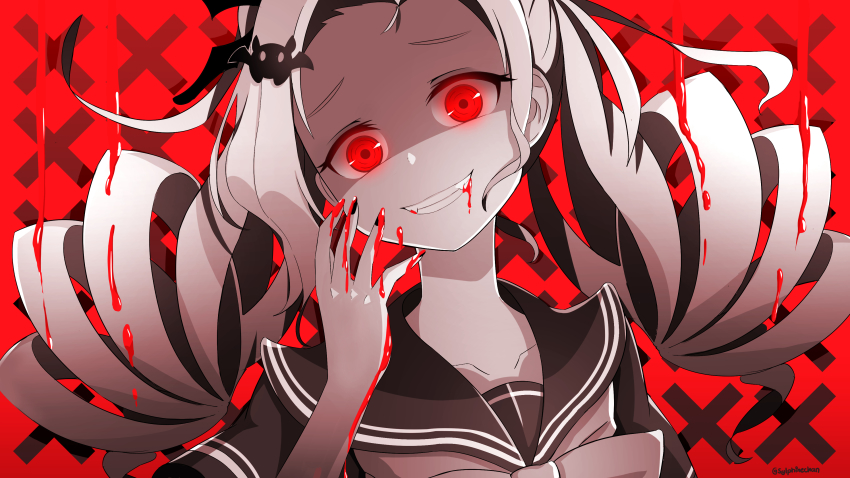 1girl, absurdres, bat_hair_ornament, black_nails, blood, blood_in_hair, blood_in_mouth, blood_on_hands
