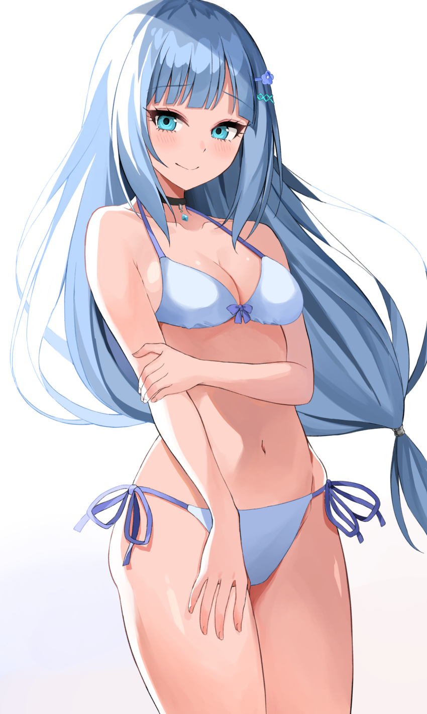1girl, backlighting, bare_arms, bare_shoulders, bikini, blue_bow, blue_eyes, blue_flower