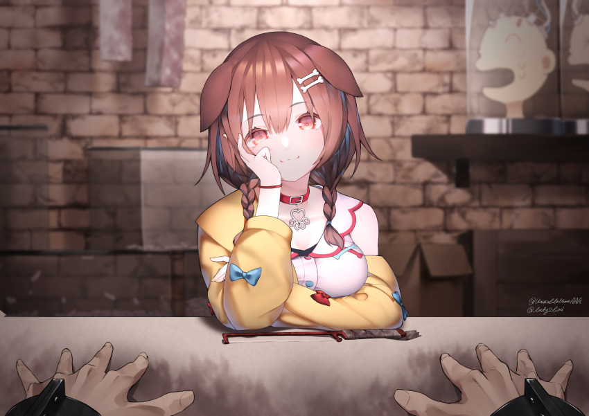 1boy, 1girl, :3, animal_collar, animal_ears, blue_bow, bone_hair_ornament, bow, braid, brown_eyes, brown_hair, buttons, cartoon_bone, choker, closed_mouth, collar, commentary_request, cuffs, dog_ears, dog_girl, dog_tail, dress, dungeon, elbows_on_table, hair_between_eyes, hair_ornament, hairclip, hand_on_own_cheek, hand_on_own_face, hand_saw, head_in_jar, highres, hololive, inugami_korone, inugami_korone_(1st_costume), jacket, listener_(inugami_korone), long_hair, looking_at_viewer, low_twin_braids, low_twintails, off-shoulder_jacket, off_shoulder, pov, raised_eyebrows, red_bow, red_collar, revision, saw, shackles, smile, solo_focus, table, tail, twin_braids, twintails, twitter_username, unusablenameaaa, upper_body, virtual_youtuber, white_dress, yellow_jacket