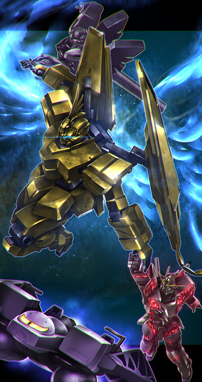 flying, gomibako_(shirokumatei), green_eyes, gundam, gundam_narrative, holding_hands, horns, mecha