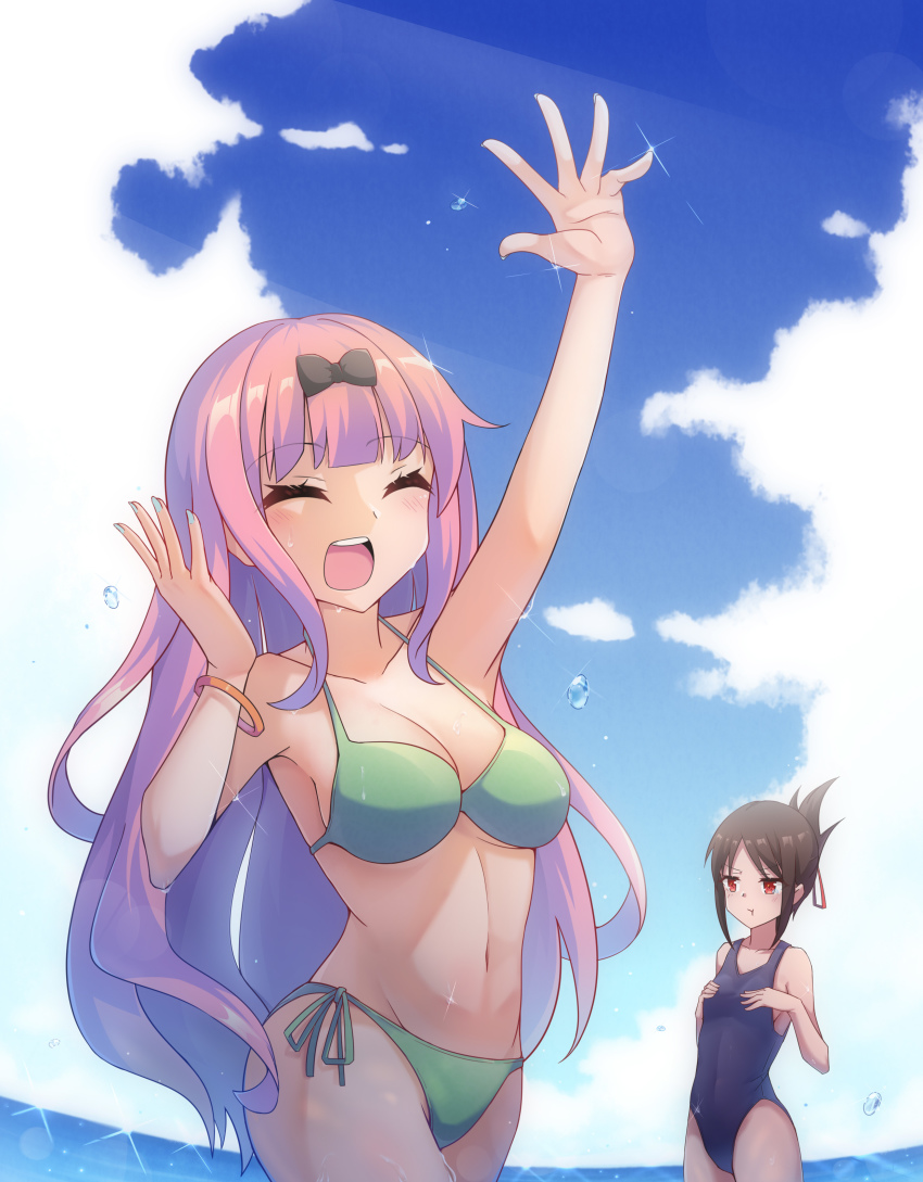 2girls, absurdres, bikini, black_bow, black_hair, black_one-piece_swimsuit, blue_sky, bow, breast_envy, breasts, chinese_commentary, cleavage, cloud, commentary_request, cowboy_shot, day, flat_chest, folded_ponytail, fujiwara_chika, green_bikini, highres, horizon, huan_jiu, kaguya-sama_wa_kokurasetai_~tensai-tachi_no_renai_zunousen~, long_hair, medium_breasts, multiple_girls, ocean, one-piece_swimsuit, open_mouth, outdoors, pink_hair, red_eyes, red_ribbon, ribbon, round_teeth, shinomiya_kaguya, sidelocks, sky, sparkle, swimsuit, teeth, upper_teeth_only