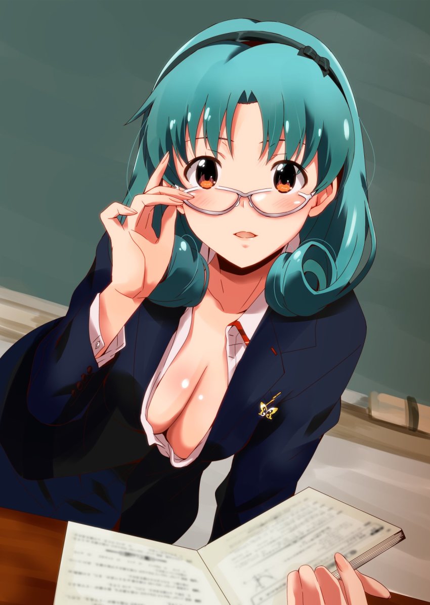 1girl, adjusting_eyewear, aqua_hair, bespectacled, black_hairband, blue_jacket, blue_skirt, book