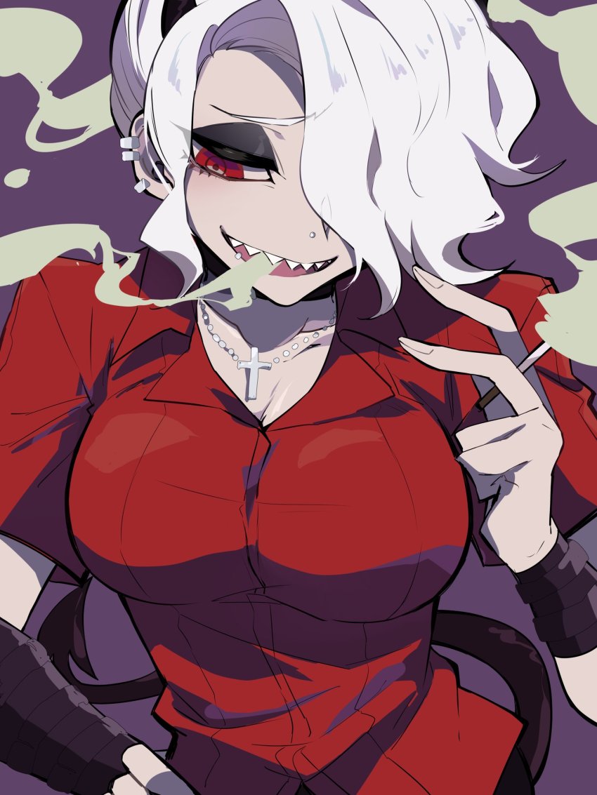 1girl, asymmetrical_bangs, between_fingers, black_horns, black_tail, blouse, blowing_smoke, breasts, cigarette, cleavage, collarbone, collared_shirt, commentary_request, cross, cross_necklace, demon_girl, demon_tail, ear_piercing, eyeshadow, face_piercing, hair_over_one_eye, half-closed_eye, hand_on_own_hip, hand_up, helltaker, highres, holding, holding_cigarette, horns, jewelry, large_breasts, lip_piercing, long_bangs, looking_down, looking_to_the_side, makeup, necklace, nekoma_hikaru, nose_piercing, one_eye_covered, open_mouth, parted_bangs, piercing, purple_background, red_eyes, red_shirt, sharp_teeth, shirt, short_sleeves, simple_background, smoke, smoking, solo, tail, teeth, upper_teeth_only, white_hair, wing_collar, wristband, zdrada_(helltaker)