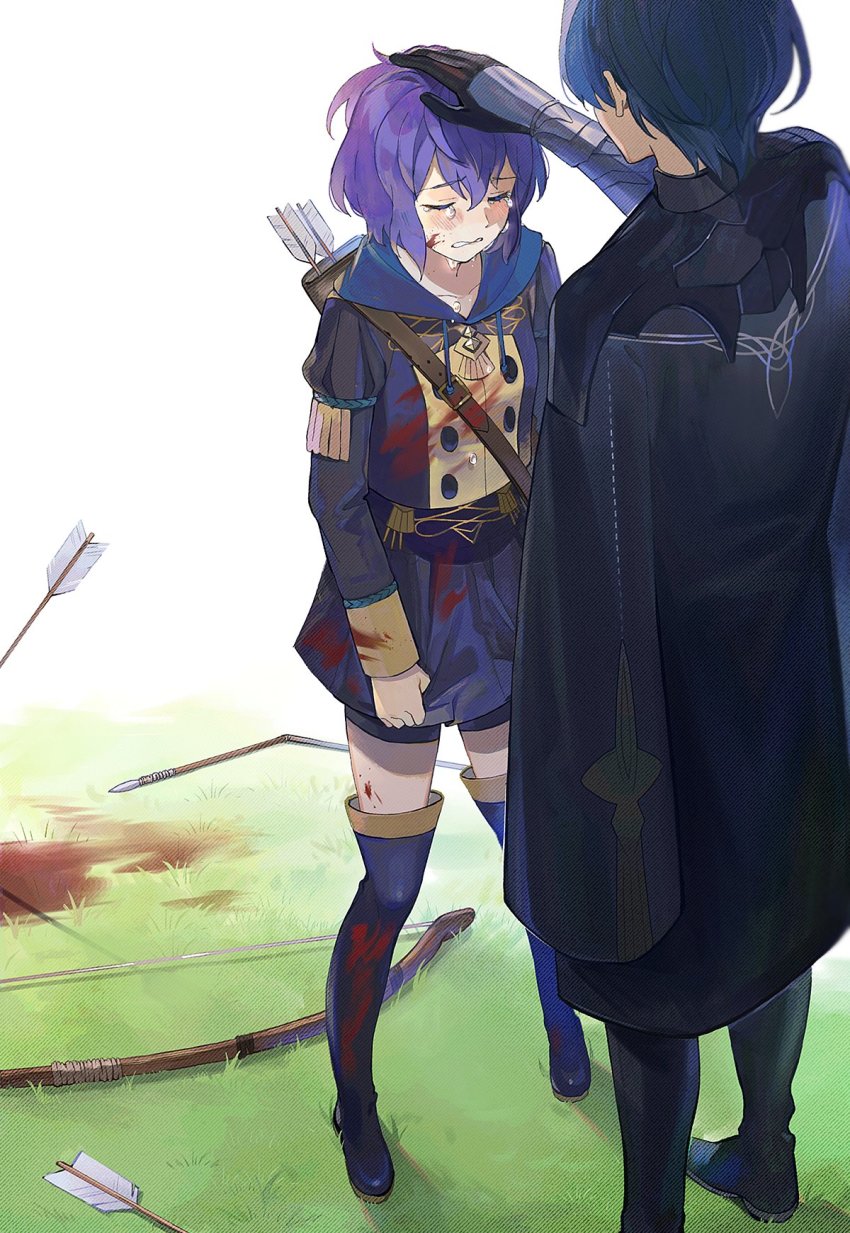 1boy, 1girl, arrow_(projectile), backlighting, bernadetta_von_varley, blood, blood_on_clothes, blood_on_ground