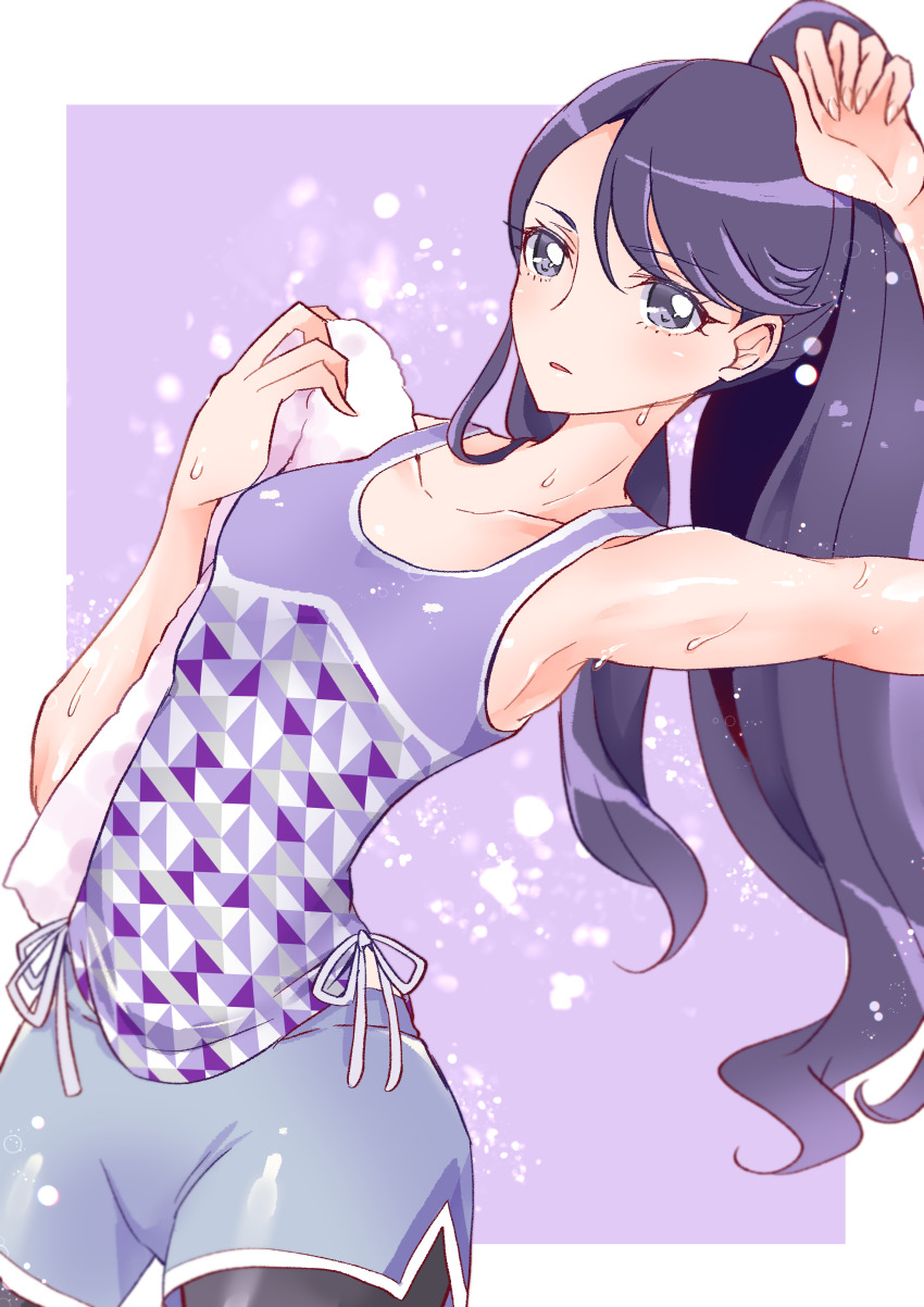 1girl, absurdres, armpits, bad_id, bad_pixiv_id, black_pantyhose, blue_shorts, breasts