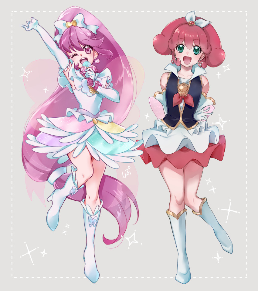 2girls, :d, ;d, aino_megumi, arm_up, armpits, arms_behind_back, boots, bow, brooch, collarbone, cure_lovely, cure_lovely_(innocent_form), cure_mirage, earrings, elbow_gloves, floating_hair, frilled_gloves, frills, full_body, gloves, green_eyes, grey_background, hair_bow, hair_ornament, happinesscharge_precure!, heart, heart_brooch, heart_earrings, heart_hair_ornament, highres, idol, jewelry, knee_boots, layered_skirt, long_hair, looking_at_viewer, magical_girl, medium_hair, miniskirt, multicolored_skirt, multiple_girls, one_eye_closed, open_mouth, pink_eyes, pink_hair, precure, queen_mirage, red_hair, red_skirt, shipu_(gassyumaron), skirt, smile, standing, standing_on_one_leg, very_long_hair, white_bow, white_footwear, white_gloves, white_skirt