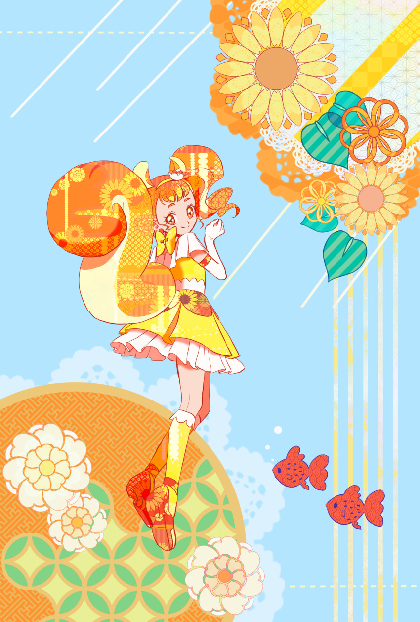 1girl, animal_ears, arisugawa_himari, armlet, blue_background, bow, brown_eyes, brown_hair