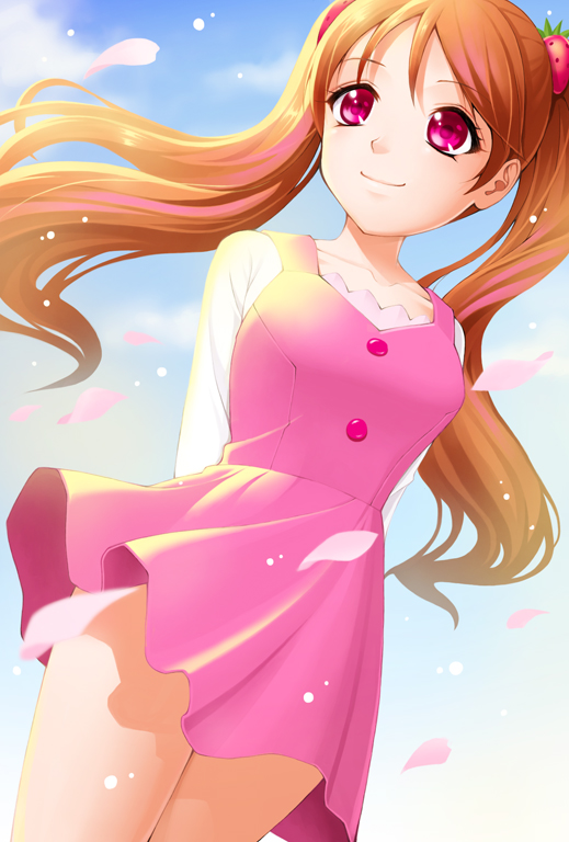 1girl, amane_satsuki, arms_behind_back, brown_hair, closed_mouth, collarbone, dress, dutch_angle