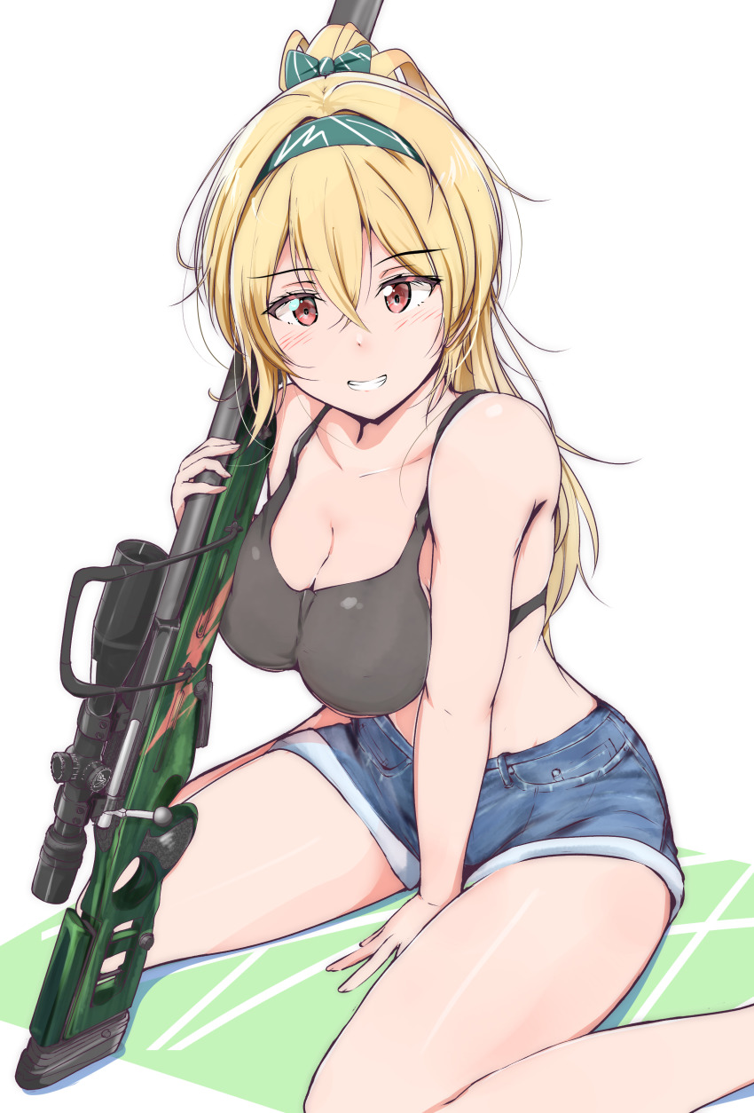 1girl, absurdres, ankoiri, blonde_hair, bolt_action, bow, breasts, cleavage