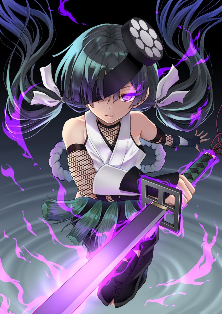 1girl, black_hair, eyepatch, fate/grand_order, fate_(series), fishnet_sleeves, fishnets, glowing