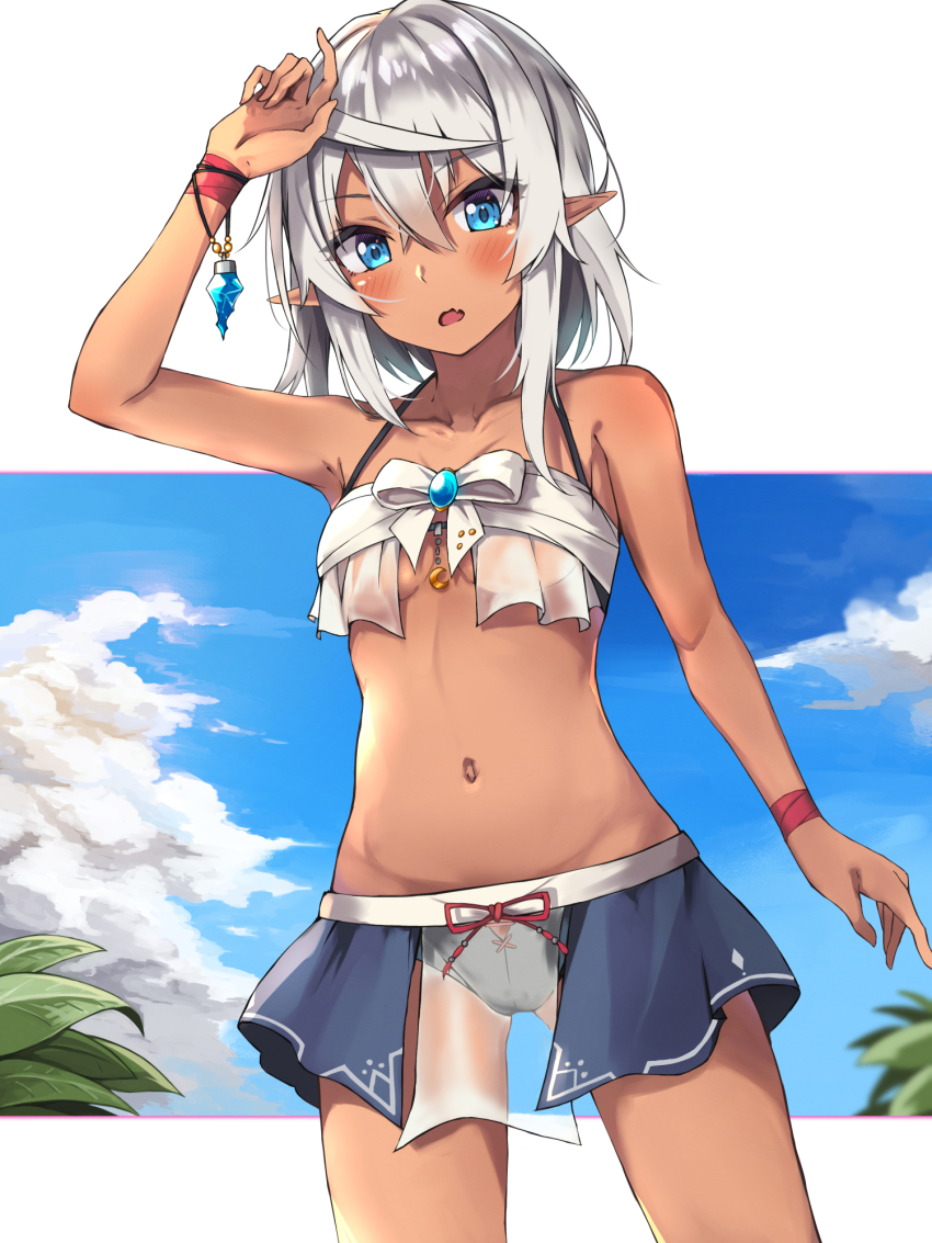 1girl, bikini, blue_eyes, blue_skirt, blue_sky, breasts, collarbone, cowboy_shot