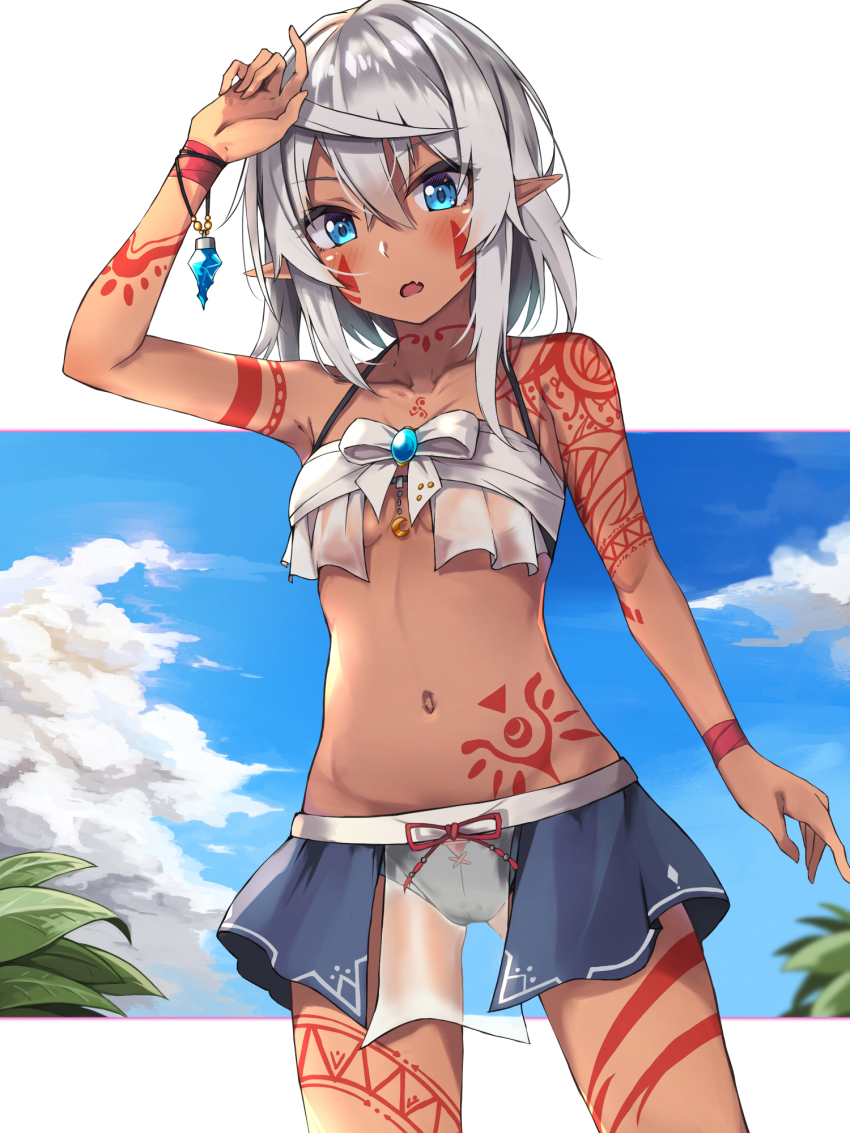 1girl, arm_tattoo, bikini, blue_eyes, blue_skirt, blue_sky, breasts, chest_tattoo, collarbone, cowboy_shot, dark_elf, dark_skin, dark-skinned_female, day, elf, facial_tattoo, hasumushi, highres, leg_tattoo, navel, neck_tattoo, original, outdoors, pointy_ears, short_hair, shoulder_tattoo, showgirl_skirt, silver_hair, skirt, sky, small_breasts, solo, standing, stomach_tattoo, swimsuit, tattoo, white_bikini